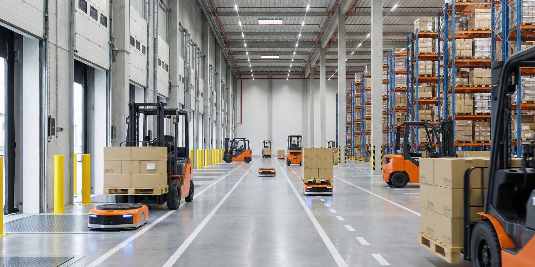 Moderne Logistikimmobilie mit hoher Aktivität von Gabelstaplern und autonomen Transportrobotern (FTS), die Paletten mit Schnellläufer-Waren in der Nähe der Verladerampen bewegen. Ein Beispiel für effizientes Lagerlayout für Artikel mit hoher Umschlagshäufigkeit